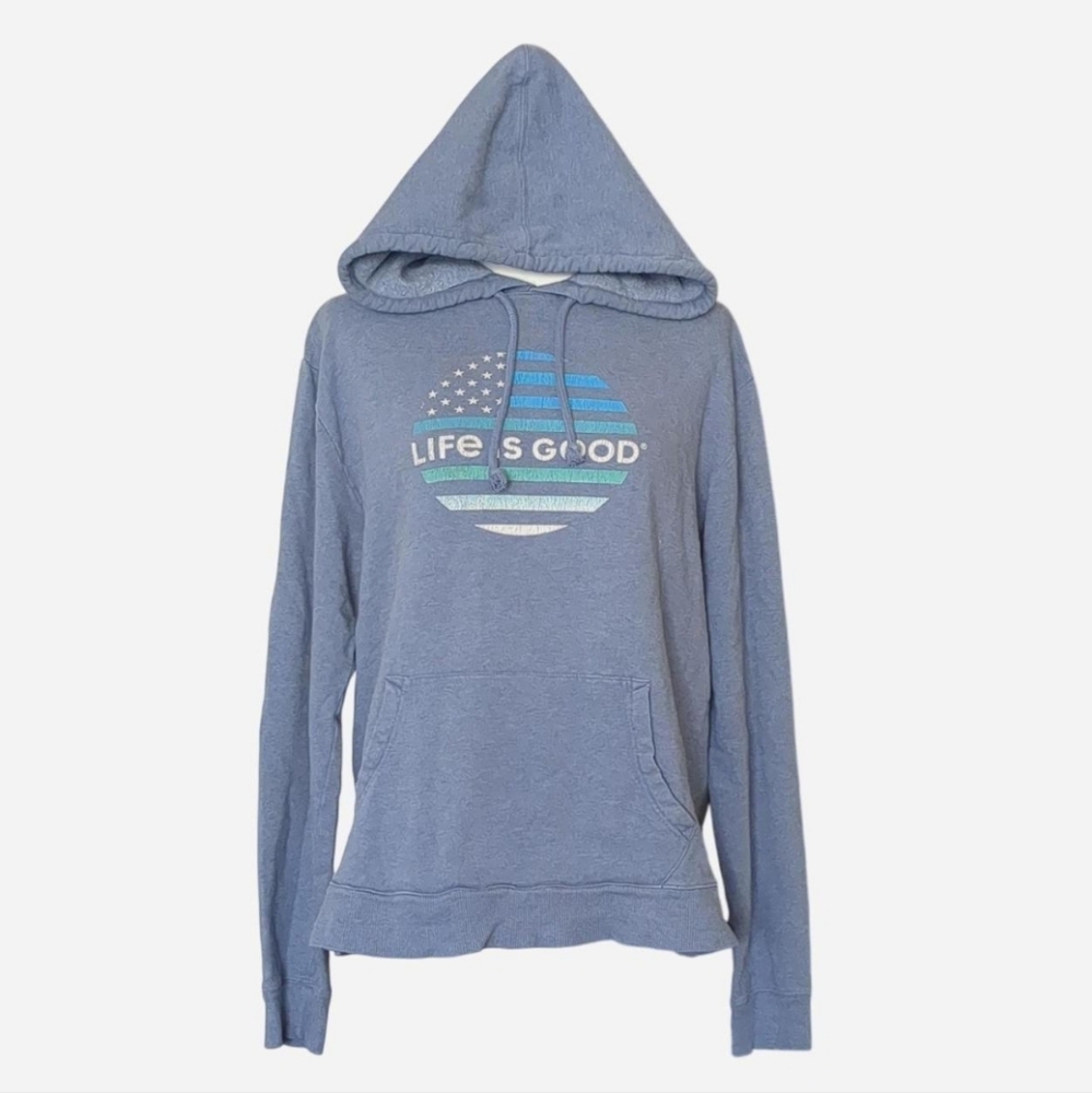 Life is Good Men's Circle Flag Simply True Hoodie in Vintage Blue Size M